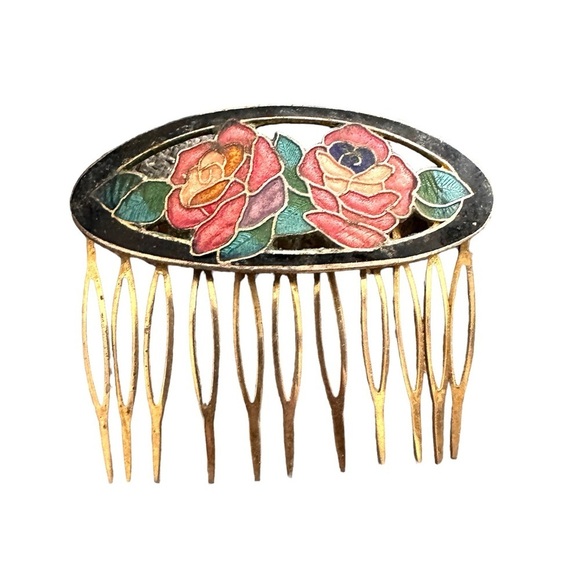 CLOISONNÉ Enamel Floral Hair COMB  GOLD TONE VTG - Picture 1 of 3